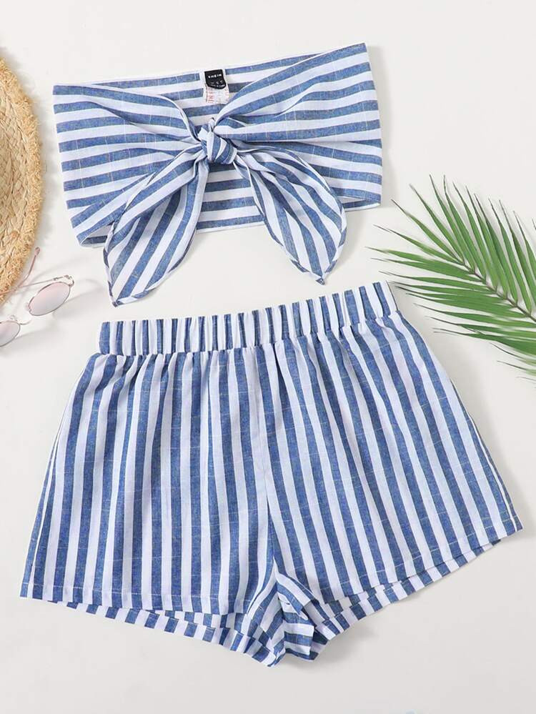 SHEIN Two Tone Striped Knot Front Crop Tube Top & Shorts Set | SHEIN