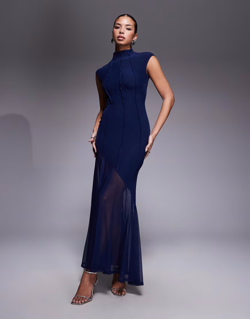 ASOS DESIGN mesh high neck maxi dress with exposed contour seam detail in navy | ASOS (Global)