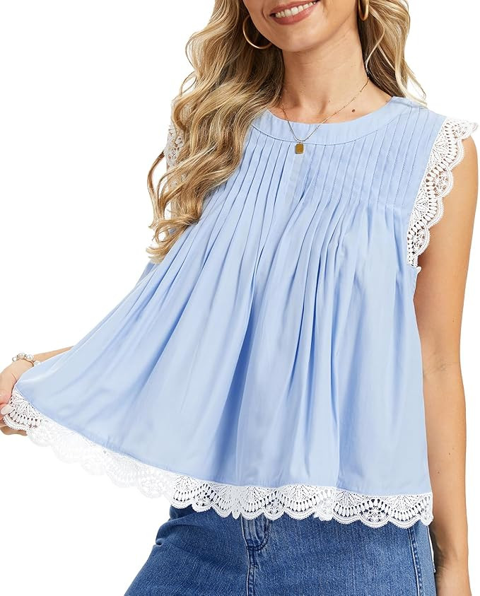 Womens 2026 Summer Peplum Top Sleeveless Ruffled Lace Trim Round Neck Y2K Babydoll Going Out Tops | Amazon (US)