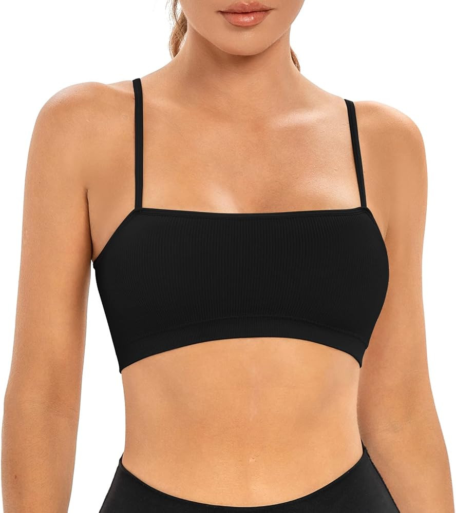 INIBUD Sports Bras for Women Bandeau Padded Ribbed Bralette Adjustable Strap Workout Square Neck ... | Amazon (US)