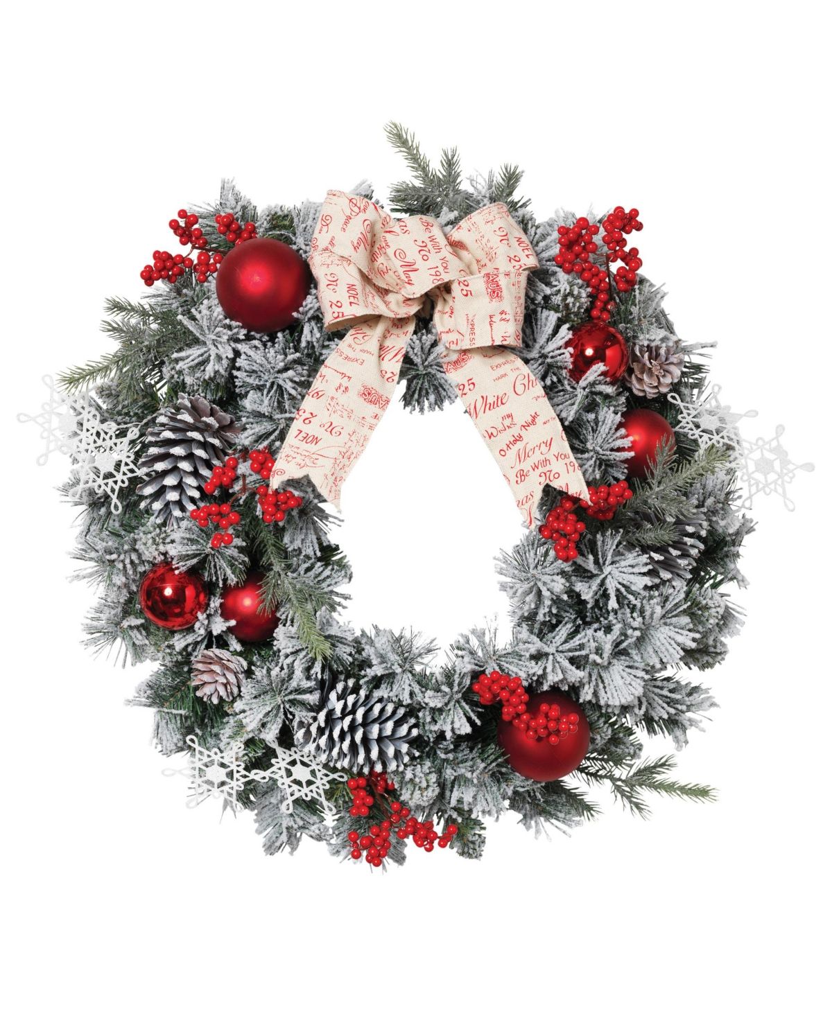 Sterling Accented Flocked Pine Wreath with Short/Long Needles, Berries and Ornaments | Macys (US)