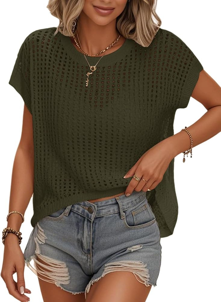 Womens Summer Crochet Tops Hollow Out Cap Sleeve Cover Up Tank Top Pullover Sweater Vest Beach Va... | Amazon (US)