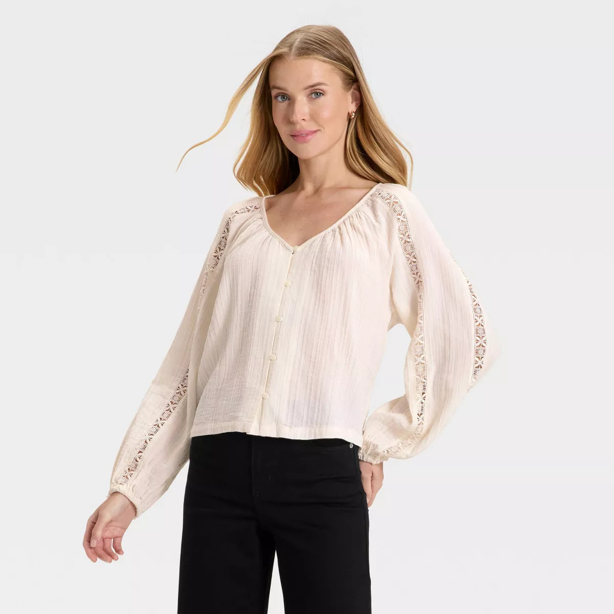 Women's Balloon Long Sleeve Lace Blouse - Universal Thread™ Cream S | Target