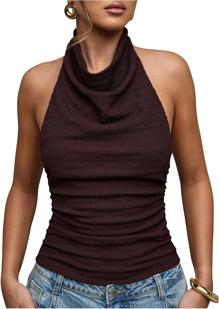 Verdusa Women's Textured Ruched Halter Tops Backless Fitted Going Out Tops Rave Outfits | Amazon (US)