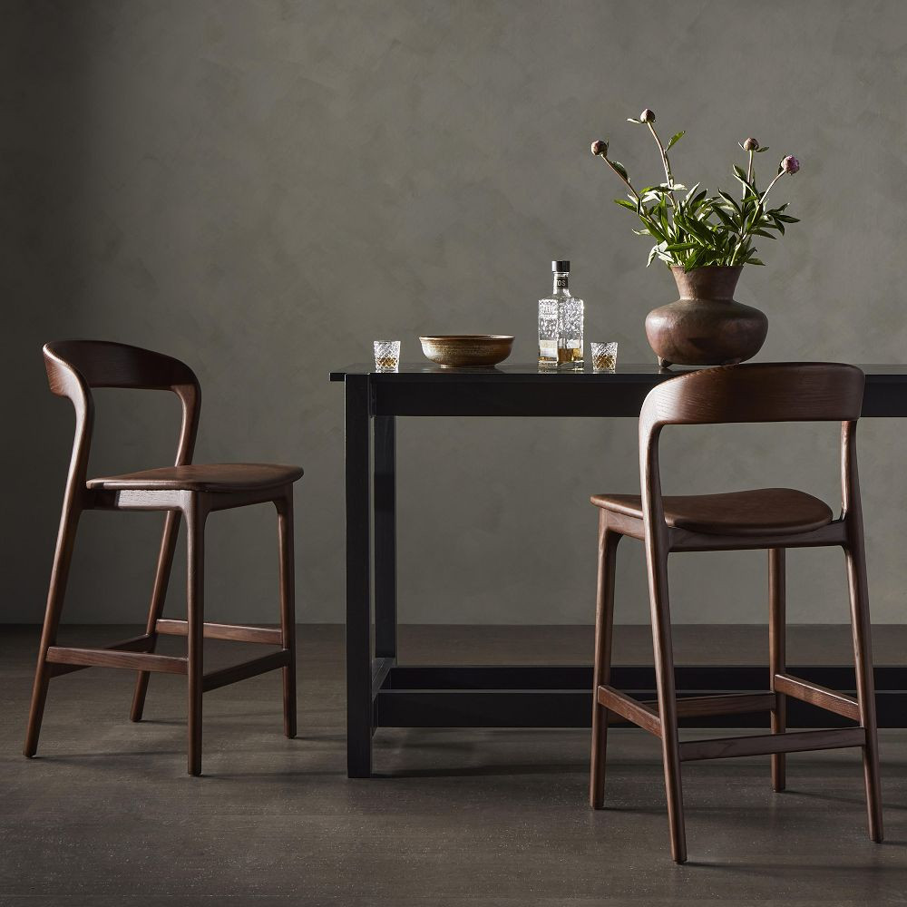 Scooped Ash Wood Leather Stool | West Elm (US)