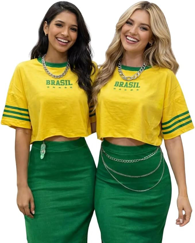 Conjunto Feminino Tshirt Cropped e Saia Longa, Camiseta Curta do Brasil, Verde e Amarelo, Estampa... | Amazon (BR)