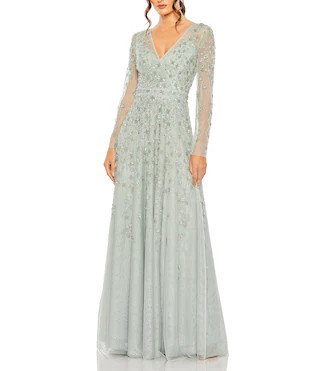 Beaded Embellished Surplice V-Neck Illusion Long Sleeve A-Line Gown | Dillard's