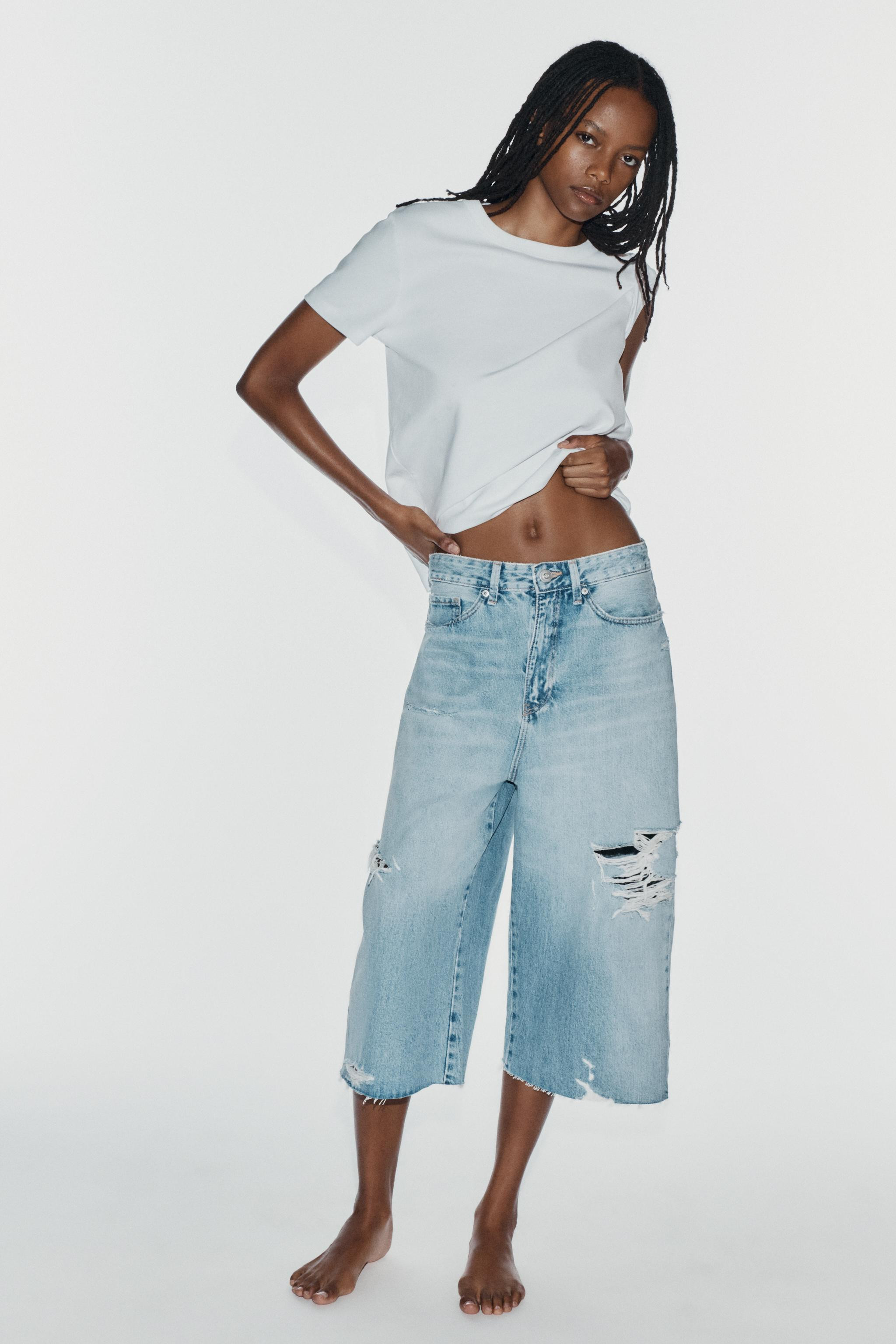 MID-WAIST RIPPED BAGGY DENIM JORTS | Zara UK