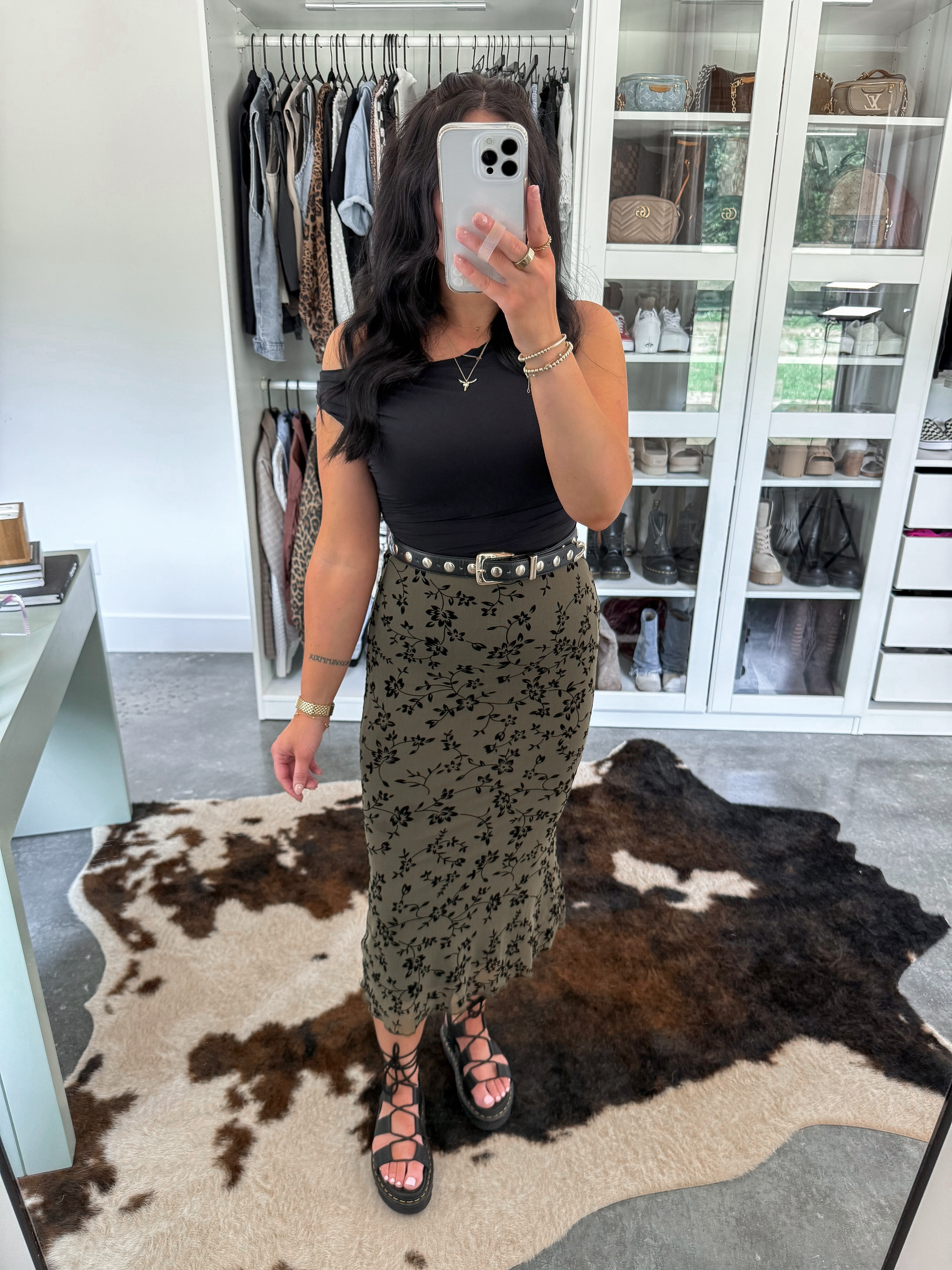 Top - small
Belt - 27-31
Skirt - xs (I sized down one - army green floral color option)

This skirt has been one of my favorites for years and I've styled it so many ways! It's the perfect date night skirt! I paired it with this black off the shoulder top, added a black and gold studded belt to bring in my waist & finished the look with my strappy platform doc martens sandals! (You could always swap out the sandals for a heel to dress it up more!)

 

 #LTKFindsUnder50 #LTKFindsUnder100 #LTKStyleTip