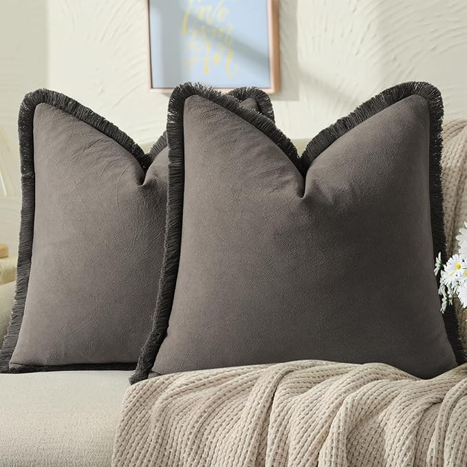 ZWJD Pillow Covers 18x18 Set of 2 Dark Gray Throw Pillow Covers with Fringe Chic Cotton Decorativ... | Amazon (US)