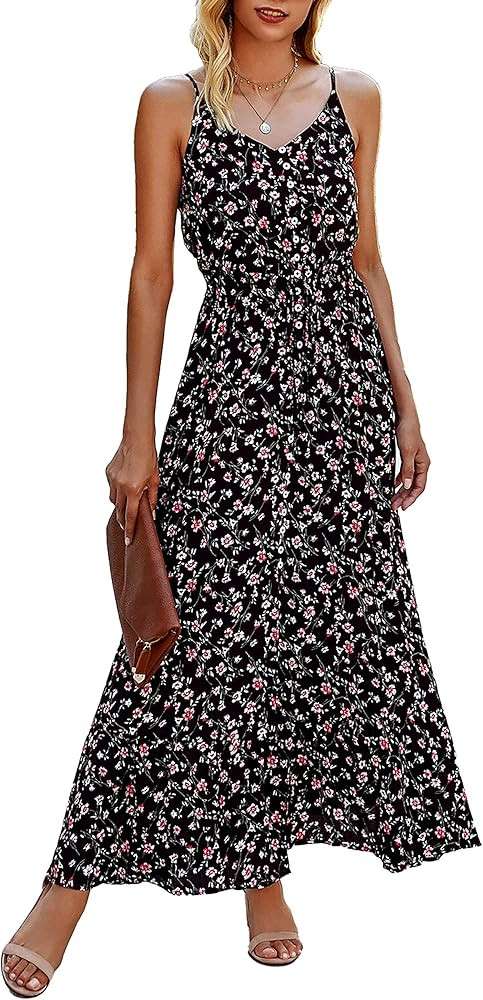 BTFBM Women Summer Spaghetti Strap V Neck Polka Dot Floral Print A-Line Button Down Casual Sleeveles | Amazon (US)