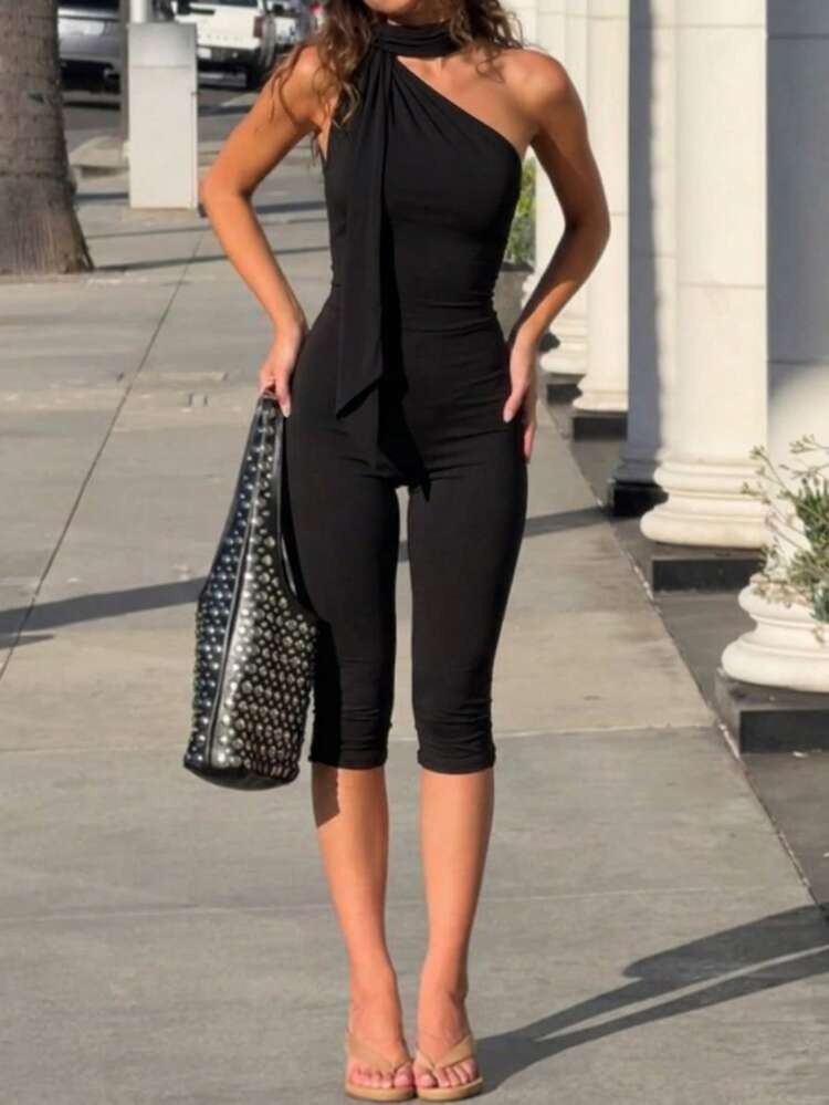 VIVINA Women's Summer Fashionable Solid Color Casual Sexy Asymmetrical Shoulder Ruffle Decor Slim Jumpsuit, Versatile Outfit For Weekend Outings Black | SHEIN