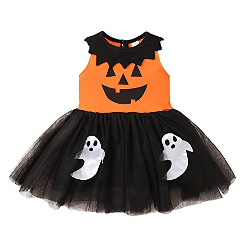 TIMOGG Toddler Baby Girl Halloween Outfit Sleeveless Pumpkin Ghost Tutu Dresses Little Kids Costume Clothes (Black Orange, 12-18 Months) | Amazon (US)