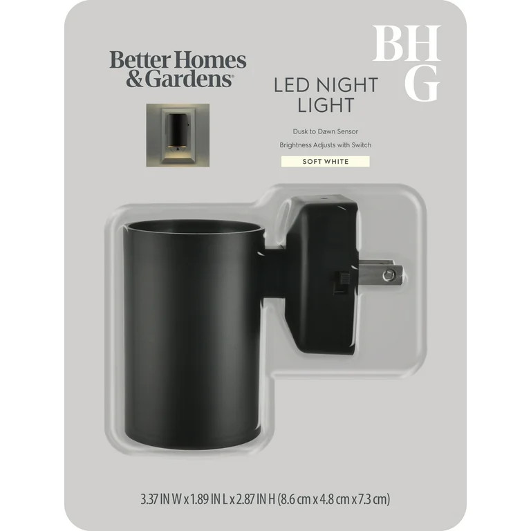 Better Homes & Gardens 2.87" Black LED Night Light, Soft White, Dusk to Dawn, Dual-Lumen Switch S... | Walmart (US)