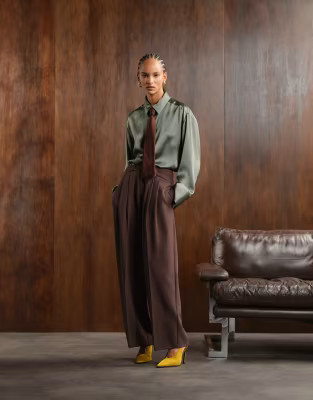 ASOS DESIGN tailored low rise wide leg trousers with asymmetric waistband in chocolate | ASOS | ASOS (Global)