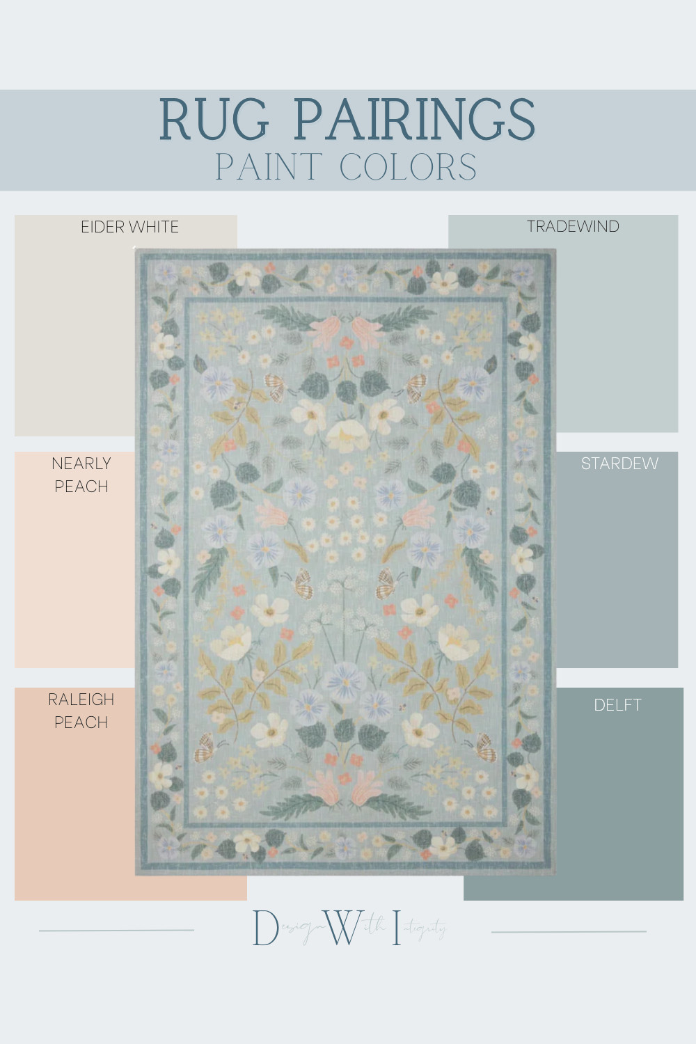 This airy floral area rug features a soft blue ground layered with delicate botanicals in peach, ivory, and muted green, creating a serene and timeless foundation. The intricate pattern adds visual texture without overpowering the space, making it ideal for light filled interiors. Eider White enhances the rug’s gentle contrast, while Tradewind and Stardew echo the cool blue undertones for effortless color balance. Nearly Peach and Raleigh Peach draw out the subtle floral accents, adding warmth and softness that keeps the palette harmonious and inviting. This curated rug and paint color pairing is designed to feel cohesive, relaxed, and beautifully layered. Shop the full look to recreate this calm, coastal inspired aesthetic.

#interiordesign
#arearuginspiration
#paintcolorpalette
#coastalinteriors
#layeredhome 

 #LTKHome