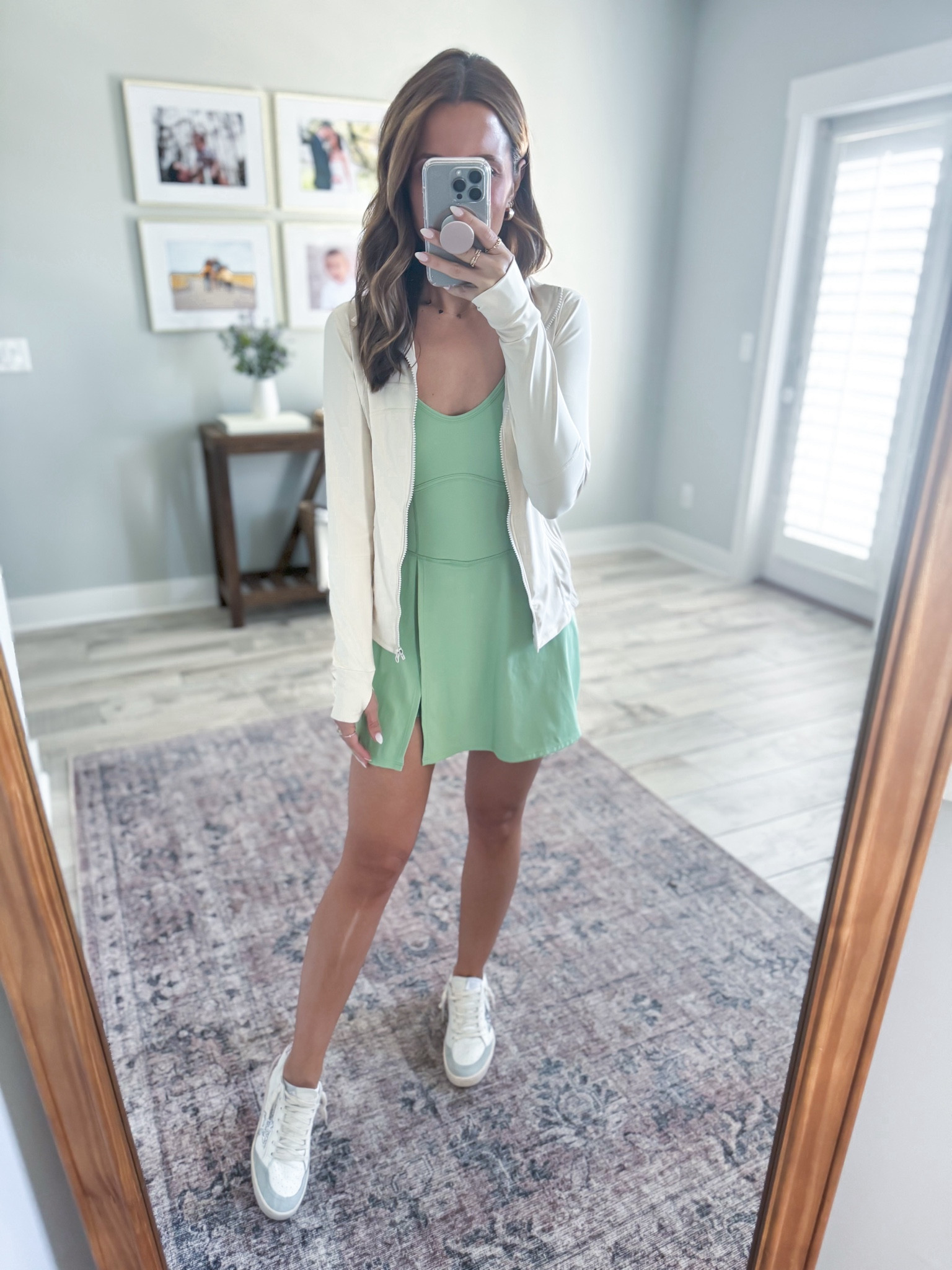 Target exercise dress in XS. Target athletic dress with shorts underneath. Tennis dress. Pickleball outfit. Amazon athletic jacket in XS. Look for less. Golden goose ball-stars. Hiking outfit. Nashville outfit. Athleisure outfit. Spring outfit. 

#LTKtravel #LTKfitness #LTKshoecrush