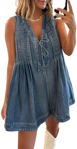 utcoco Womens Summer Casual Sleeveless Denim Romper Tie Front V Neck Jean Overall Shorts Romper W... | Amazon (US)