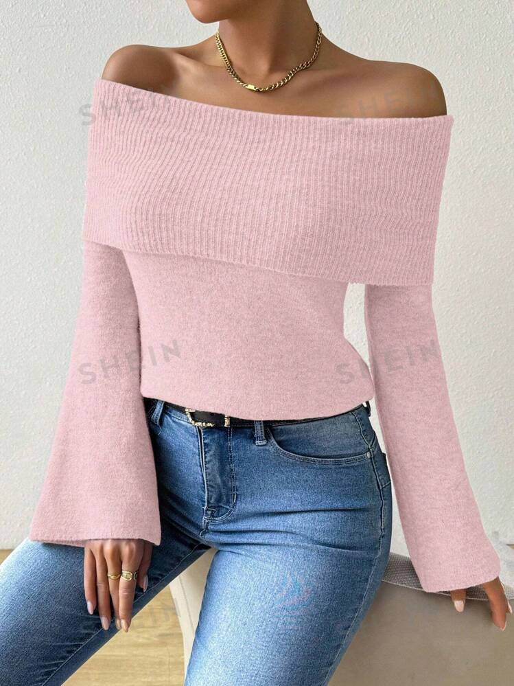 SHEIN Raffinéa New Arrival Autumn/Winter Fashionable Solid Color Square Neck Sweater Top | SHEIN