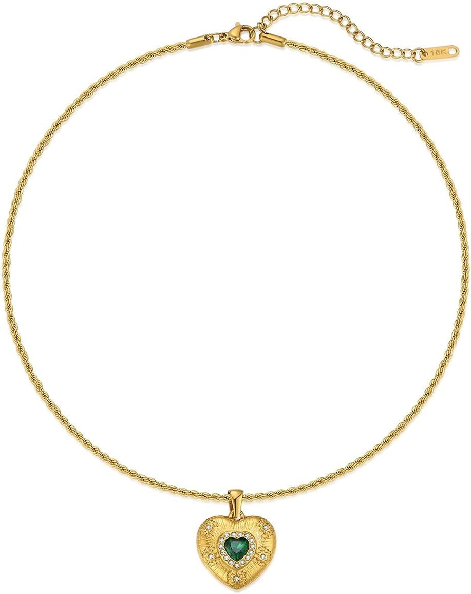 NUZON Emerald CZ Heart Pendant Necklace 18K Gold Plated Stainless Steel Love Heart Necklace Fashion Jewelry Gift for Women Twisted Chain 16'' | Amazon (US)