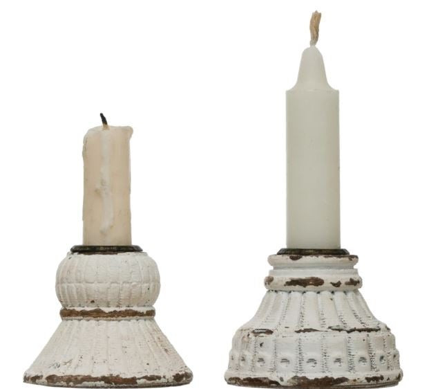 3" Round x 2-1/4"H Embossed Resin Taper Holders, Distressed White Finish- 2 Styles | The Nested Fig