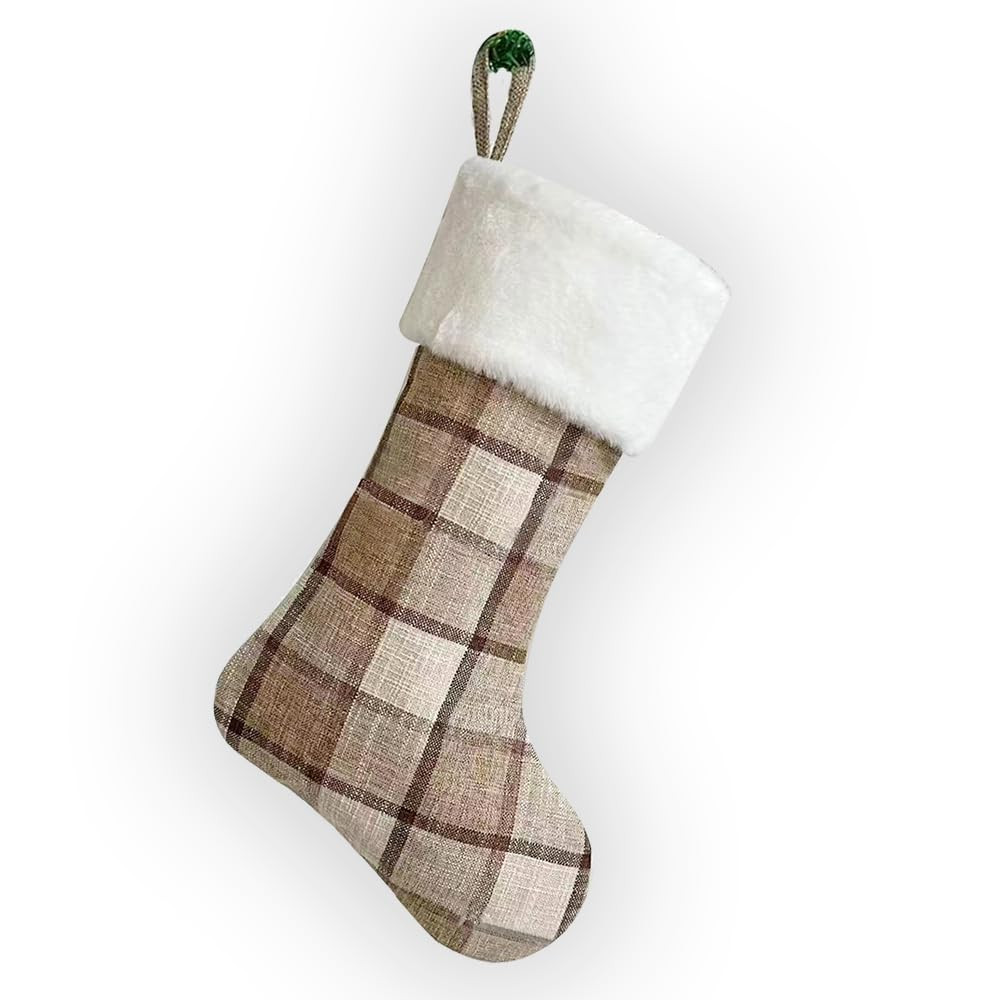 Large Christmas Stockings, Plush Velvet Faux Fur Xmas Stocking Decoration Vintage White Plaid Han... | Amazon (US)