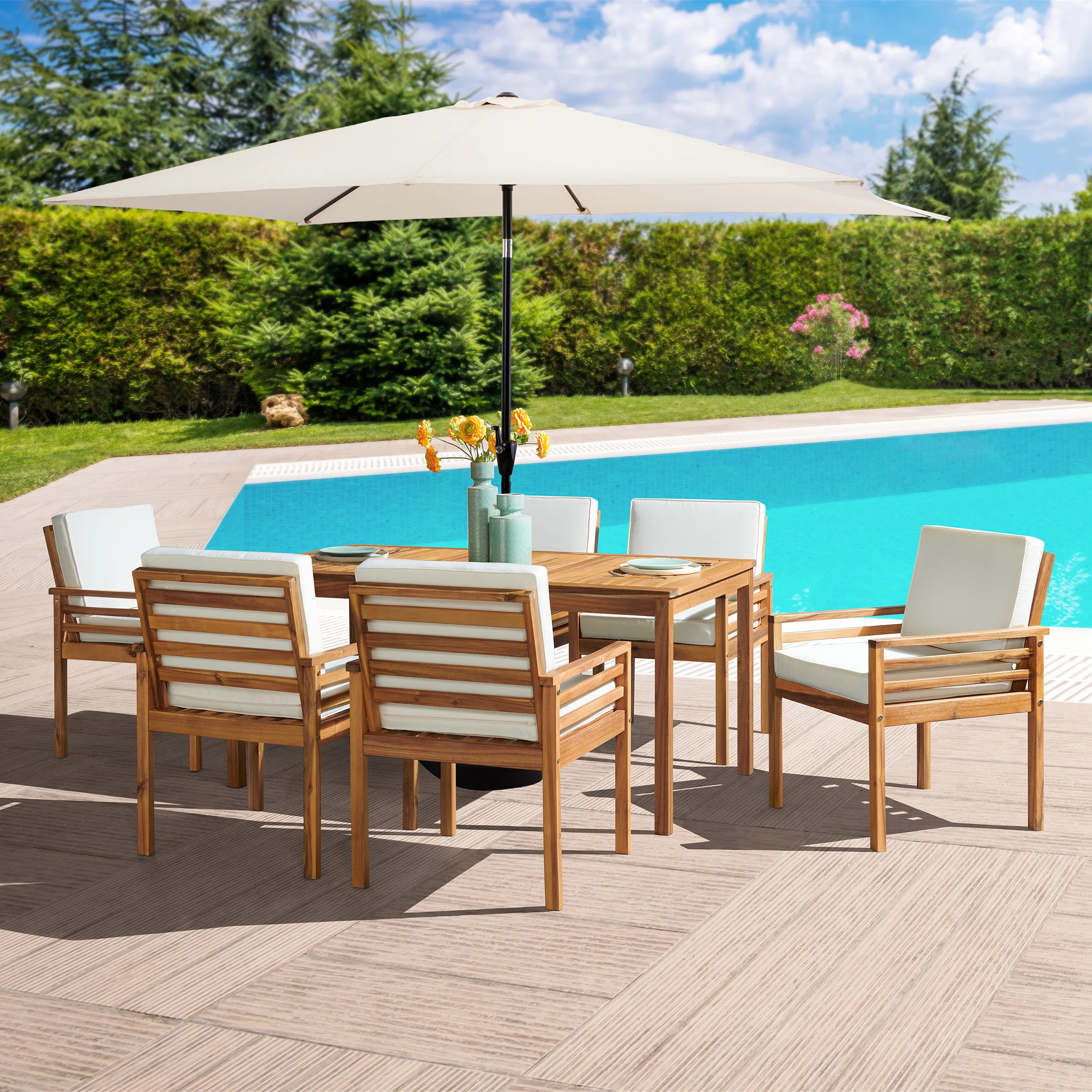 8 Piece Set Okemo Table w/6 Chairs 10"" Rectangular Umbrella (White) | Wayfair North America