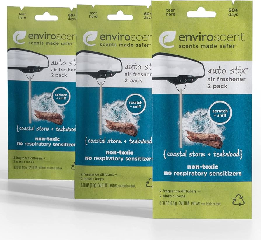 Enviroscent Non-Toxic Hanging Car Air Freshener (Coastal Storm + Teakwood) 3 Packs of 2 Auto Stix... | Amazon (US)