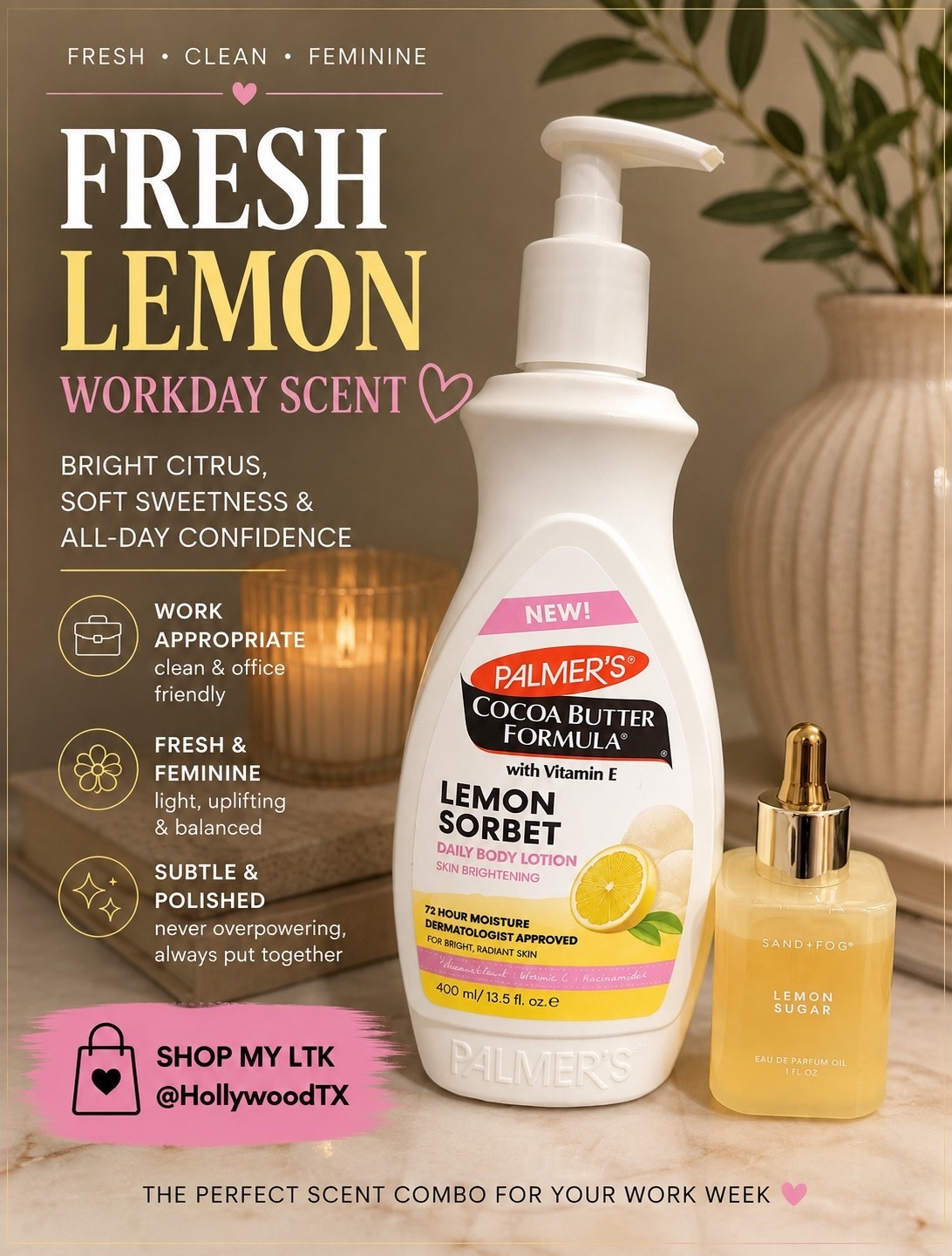 When you want to smell fresh, feminine and put together at work without wearing anything too heavy.

I layered Palmer’s Lemon Sorbet Body Lotion + Sand + Fog Lemon Sugar for a bright, sweet citrus combo that smells like creamy sugared lemon with a clean finish. It’s light enough for the office but still gives you that “you smell GOOD” effect.

Perfect for workdays, morning meetings, presentation days or whenever you need a fresh pick-me-up. Save this combo and shop both on my LTK!

#LTKgrwm #LTKWorkwear #LTKBeauty