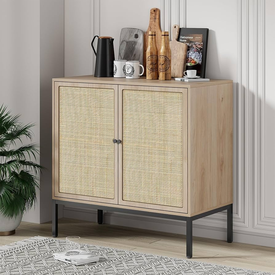 XIAO WEI Sideboard with Handmade Natural Rattan Doors, Rattan Cabinet Console Table Storage Cabin... | Amazon (US)