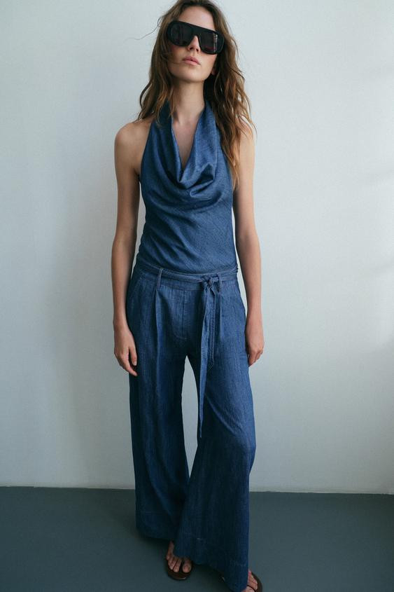Zara - Open Back Belted Halter Jumpsuit - Indigo - L - Woman | Zara US