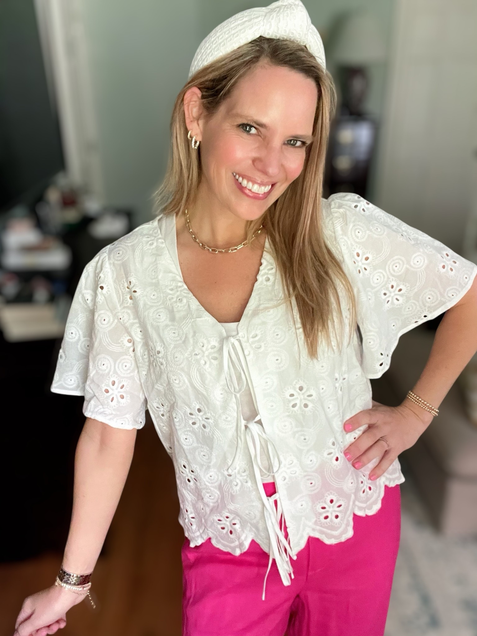 Use code PREPPYREBEL for 10% off Melinda Maria jewelry!

This eyelet tie-front top is a summer standout—made from 100% breathable cotton and under $35 on Amazon! The scalloped hem and embroidered details give it a romantic, boutique-inspired look without the boutique price. I’m wearing a size S.

I paired it with these hot pink linen wide-leg pants from Scoop at Walmart—lightweight, flowy, and seriously fun! The bold pop of color balances the delicate white top for an effortless summer statement.

Finished the look with neutral espadrille wedges, gold jewelry, and a woven headband to keep it playful and polished.

Outfit details:
• White 100% cotton tie-front eyelet top (Amazon, size S)
• Linen wide-leg pants in hot pink (Scoop from Walmart)
• Neutral espadrille wedges
• Woven textured headband
• Gold jewelry from Melinda Maria – use PREPPYREBEL for 10% off!

Style tip: Try this top with denim or shorts too—super versatile and breathable for warm weather.

#amazonfashion #walmartfinds #summeroutfit #eyelettop #hotpinkpants #espadrillewedges #widelegpants #budgetfriendlystyle #affordablefashion #MelindaMaria #PREPPYREBEL #LTKsummer #LTKunder50 #LTKstyle


#LTKFindsUnder100 #LTKWorkwear #LTKFindsUnder50