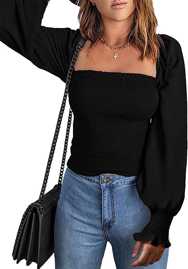 BTFBM Women Casual Long Sleeve Shirts Fall 2022 Off The Shoulder Tops Square Neck Slim Fit Boho F... | Amazon (US)
