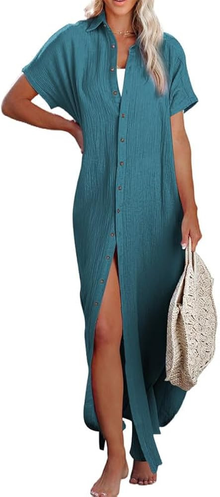 Dokotoo Womens Casual Short Sleeve Side Split Button Down Long Kimonos Cardigans Swimsuit Cover U... | Amazon (US)