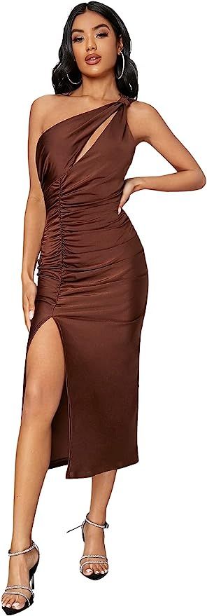 SheIn Women's One Shoulder Split Bodycon Midi Dress Ruched Cut Out Sleeveless Slit Dresses | Amazon (US)