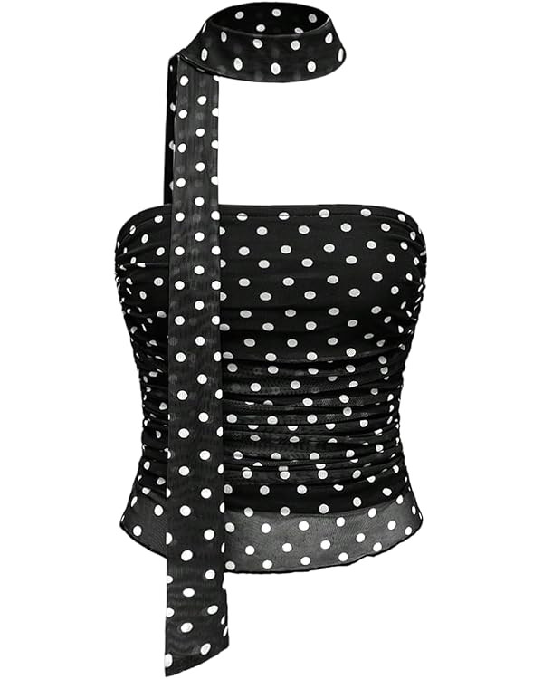 Milumia Women's Polka Dots Mesh Tube Tops Y2k Strapless Halter Top with Scarf | Amazon (US)