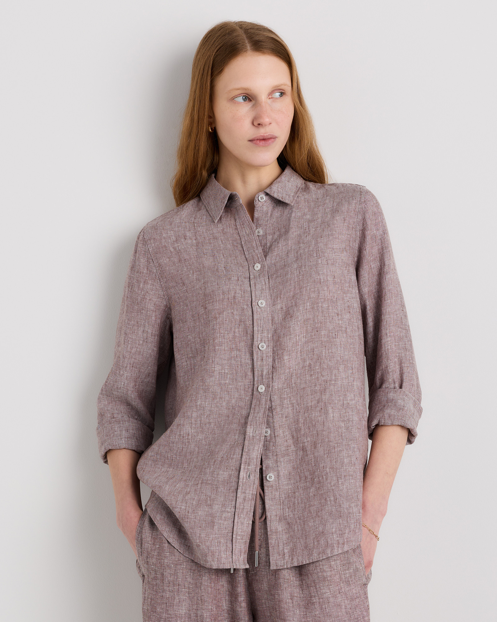 Quince | Women's 100% European Linen Long Sleeve Shirt in Blue Pinstripe, Size Medium | Quince