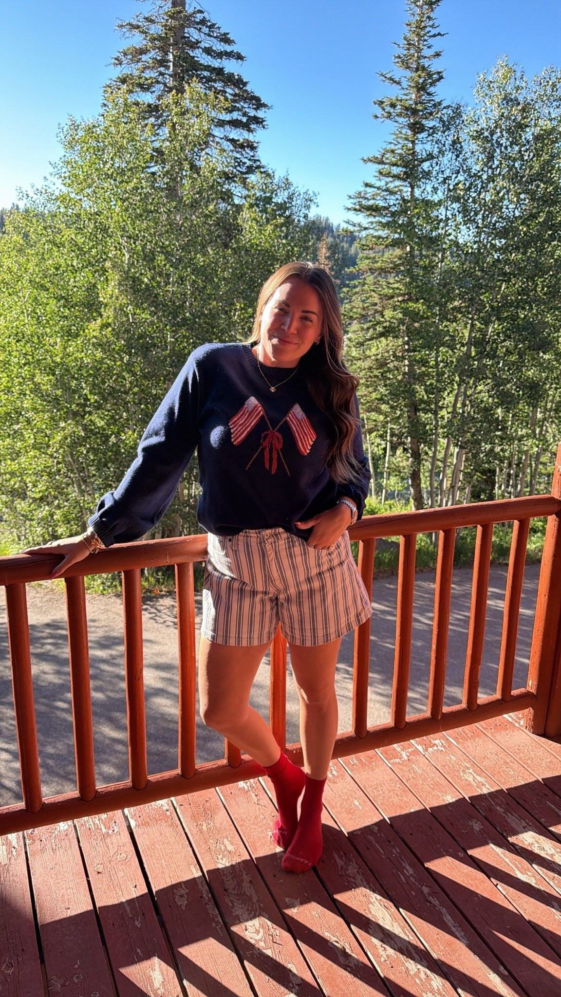 what i wore on the 4th of July in the mountains at our cabin! wearing size large in bow flag sweater and size 30 in blue stripe shorts 🇺🇸

#LTKSeasonal #LTKMidsize #LTKTravel