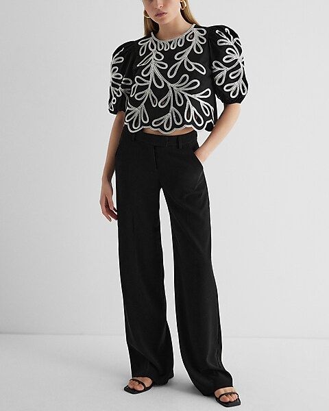 Eyelet Crew Neck Puff Sleeve Top | Express