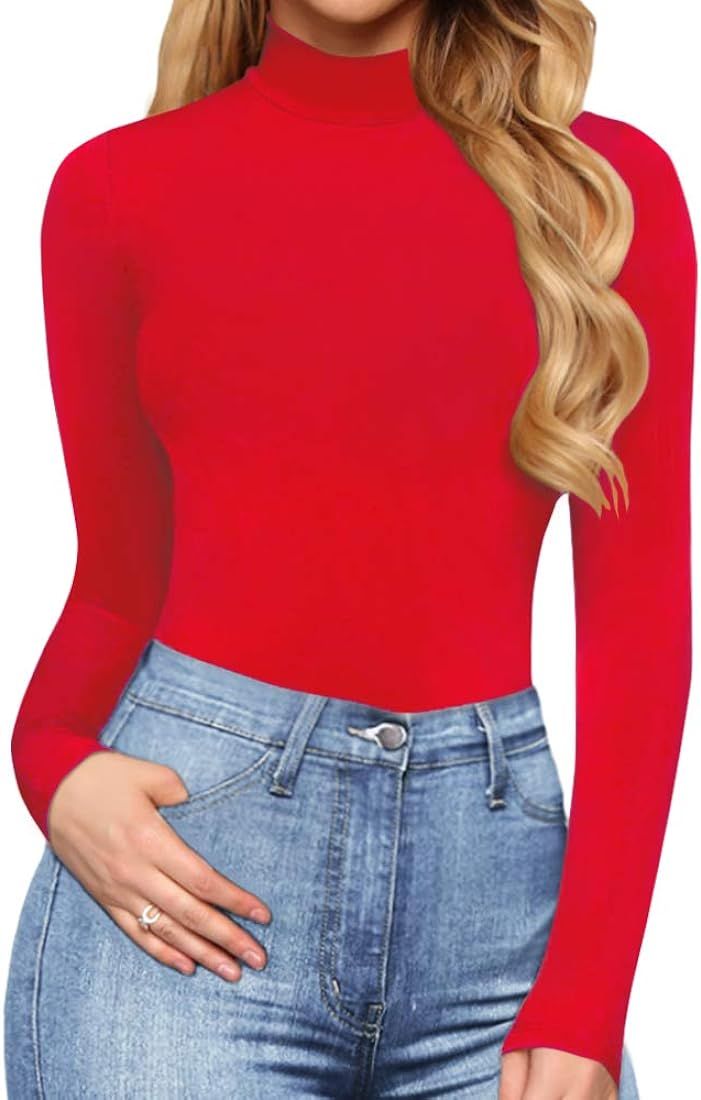 MANGOPOP Women's Mock Turtle Neck Slim Fit Long Half Short Sleeve T Shirt Tight Tops Tee Red | Amazon (US)