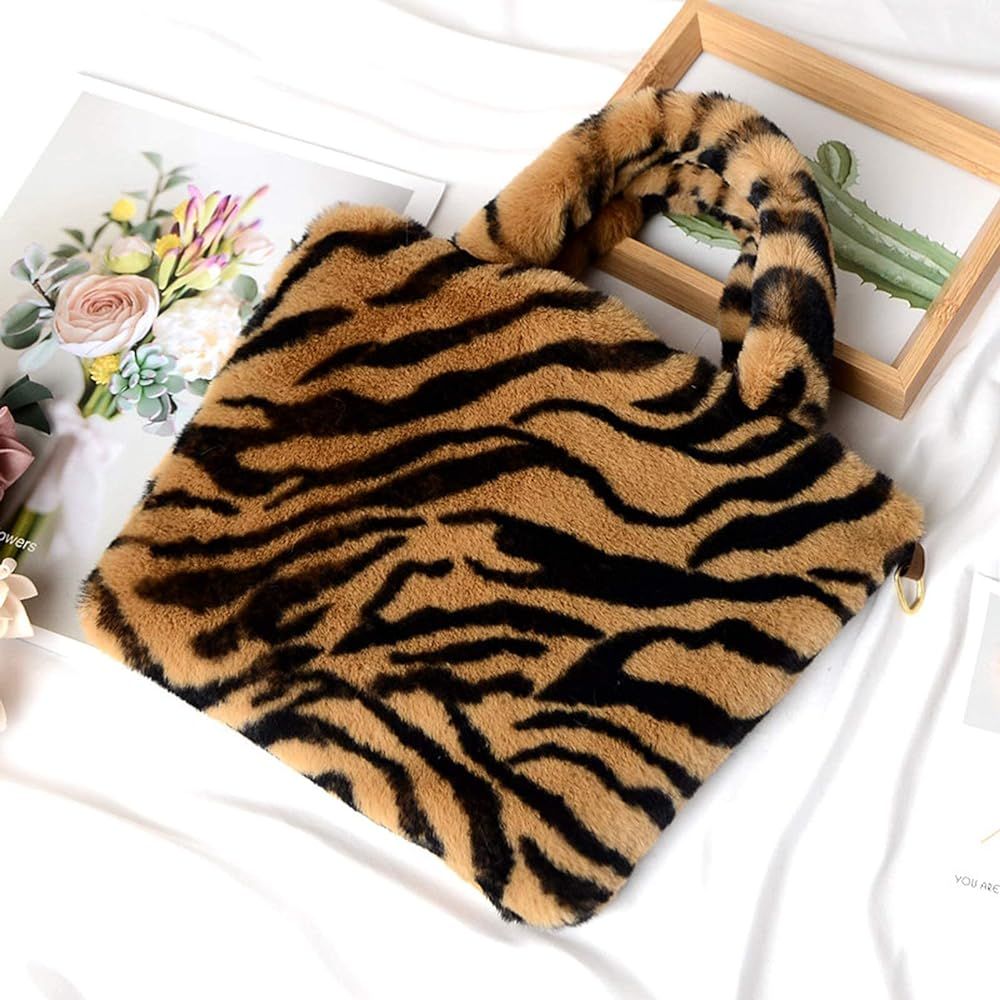 Amazon.com: Backbayia Women Faux Fur Leopard Print Tote Shoulder Bag Handbag Furry Handle Bag with Metal Chain Strap Large Capacity (Brown Zebra Stripe) : Clothing, Shoes & Jewelry | Amazon (US)