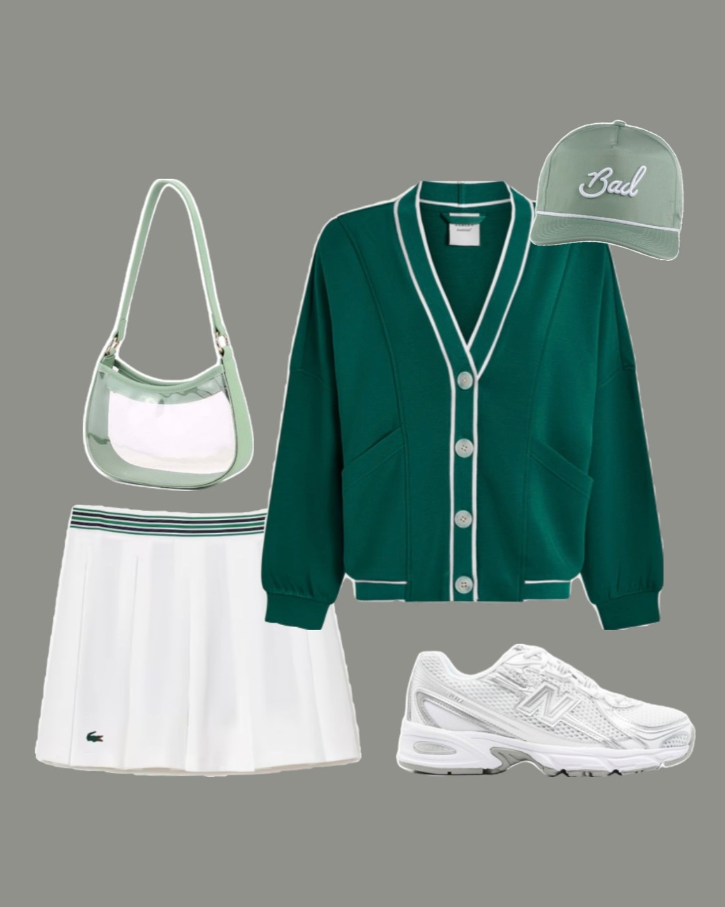 Green cardigan, white tennis skirt, white athletic skirt, all white new balance sneakers, white sneaker outfit, bad golf hat