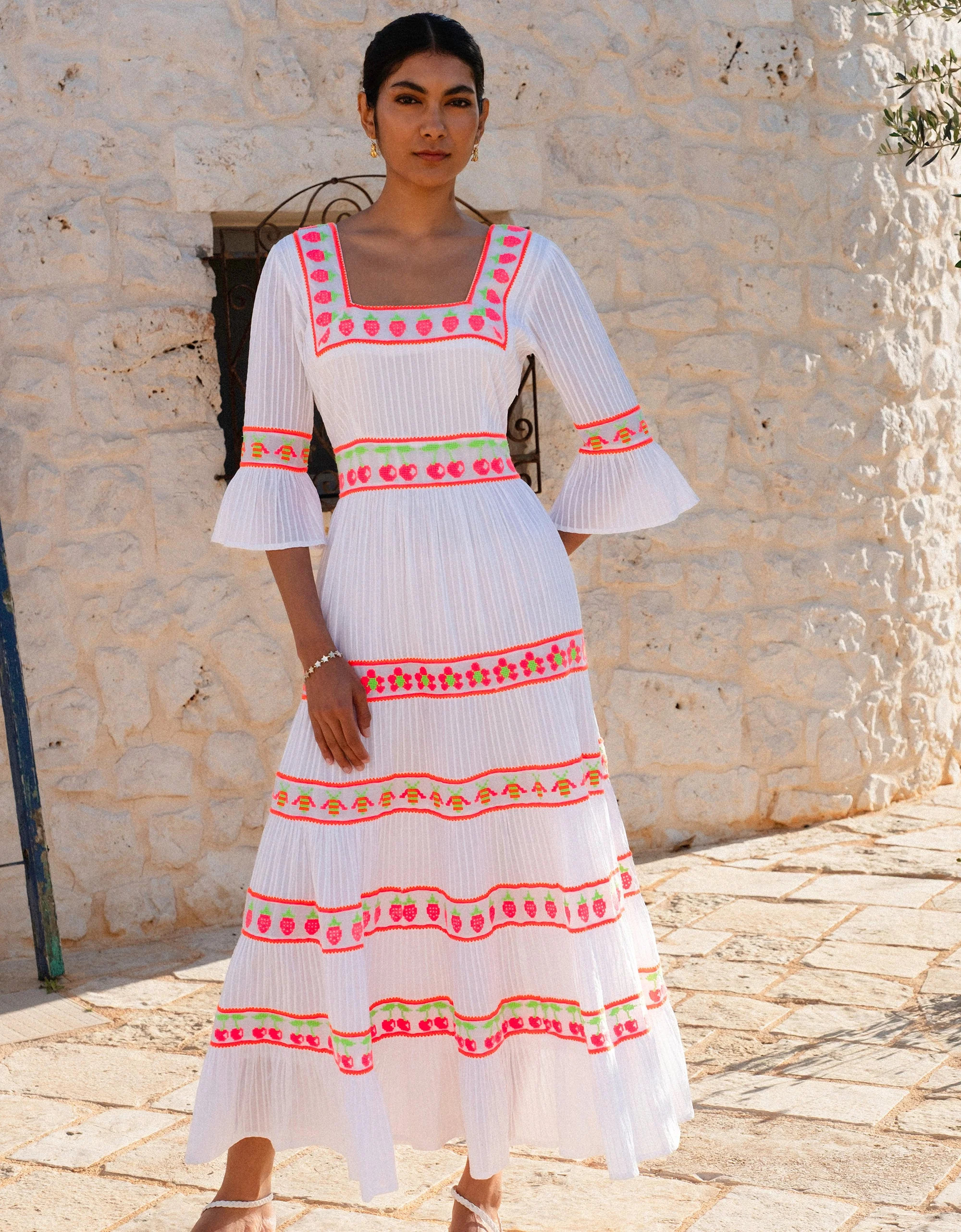 Neon Fruit Embroidery Celine Dress | Pink City Prints UK