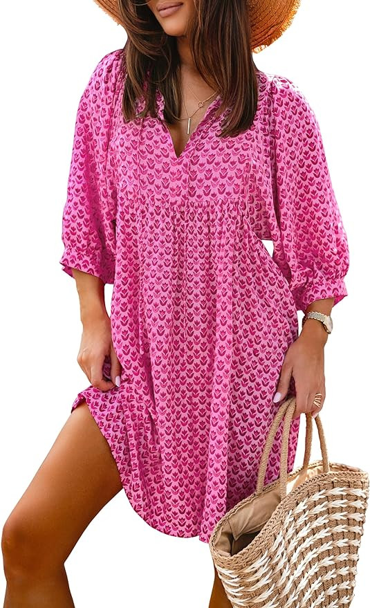 miduo Womens Casual V Neck Summer Half Sleeve Bohemian Floral Mini Tunic Short Dresses | Amazon (US)