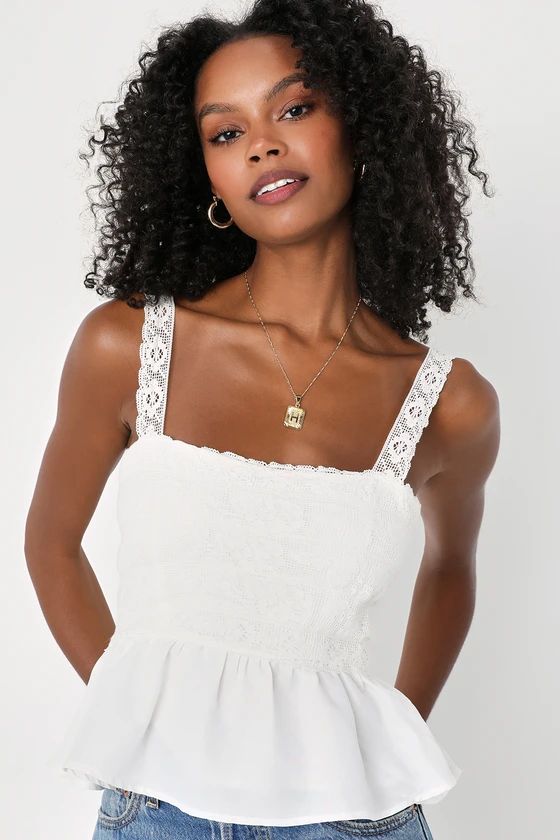 Lovely Afternoon Ivory Lace Sleeveless Peplum Cami Top | Lulus (US)