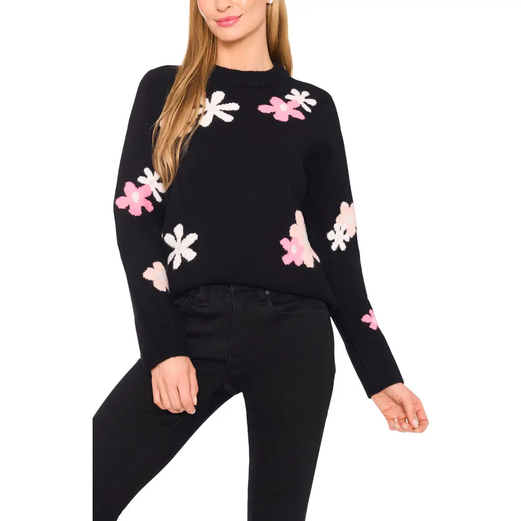 CeCe Floral Crewneck Sweater in Rich Black at Nordstrom Rack, Size X-Small | Nordstrom Rack