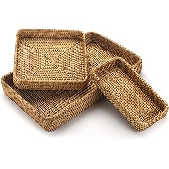 Rattan Serving Tray, Rectangular Woven Tray, Natural Wicker Decorative Serving Baskets for Organi... | Amazon (US)