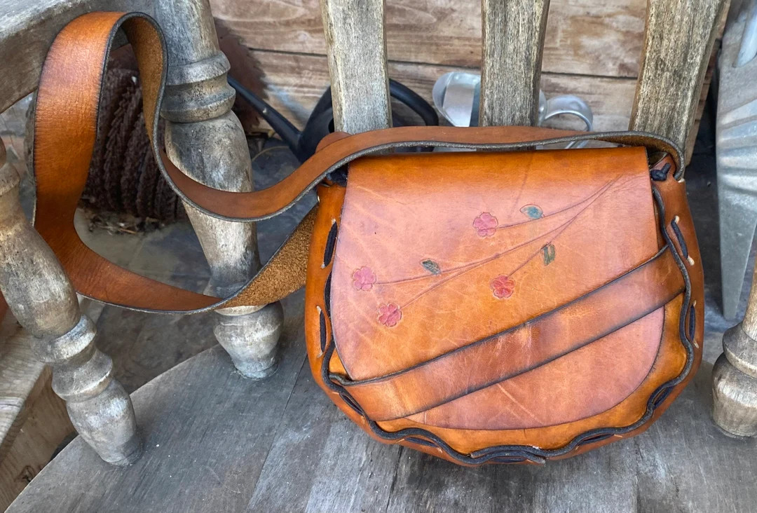 Vintage Brown Hand Tooled 60s 70s Leather Hippie Boho Shoulder Flower Bag Purse - Etsy | Etsy (US)