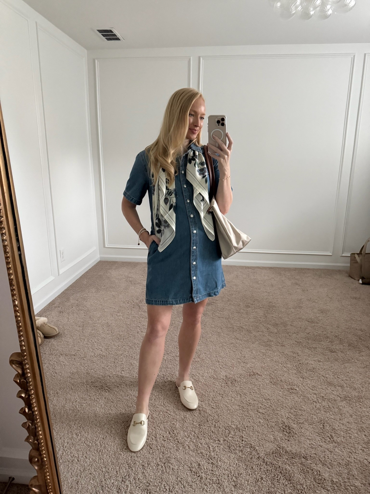 Love this denim dress from the Nordstrom anniversary sale!  Paired it with flats for a cute transitional workwear look! It would also be really cute with boots. Wearing size small. Transitional outfits // fall outfits // workwear // work outfits // bump friendly outfits 

#LTKWorkwear #LTKBump #LTKSaleAlert