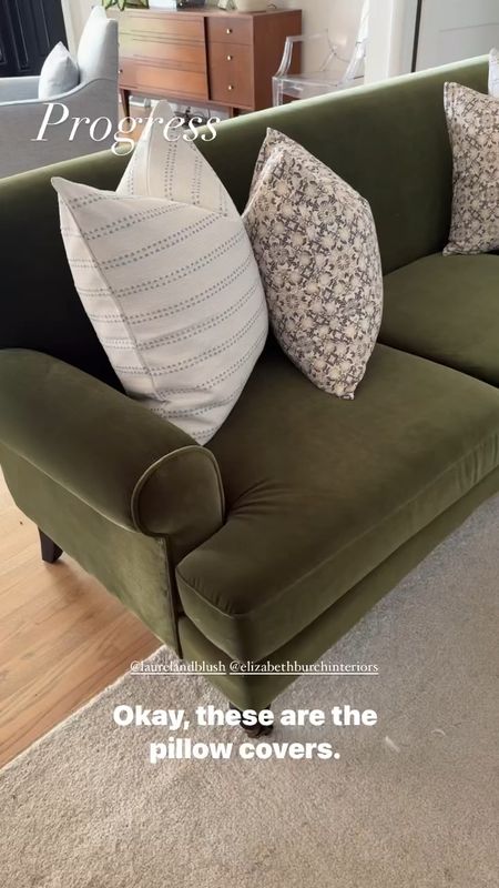 Living room progress! Pillows from laurel and blush along with a look at our green velvet sofa from Wayfair and small ottomans for extra seating. Thanks for following along! 